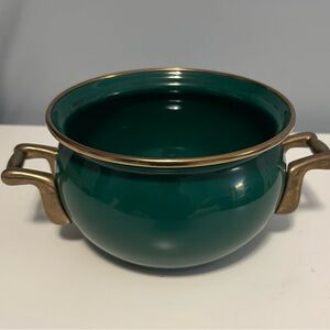 Vintage Green Enamel Planter Bowl with Brass Handles 
5” Diameter